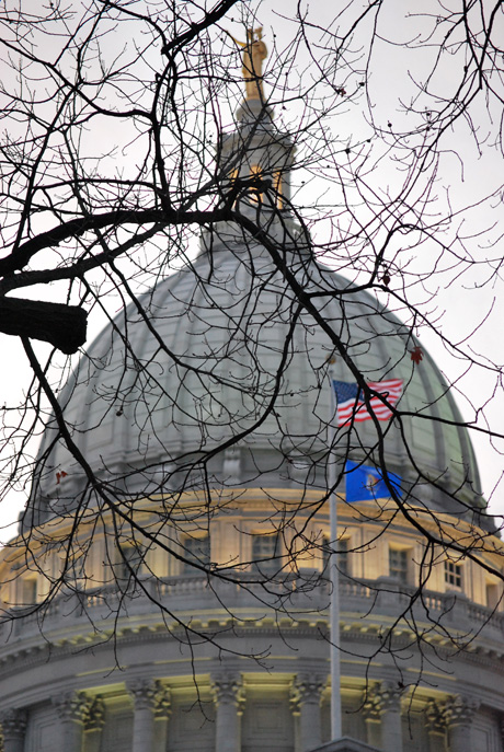 Wisconsin State Capitol and flags